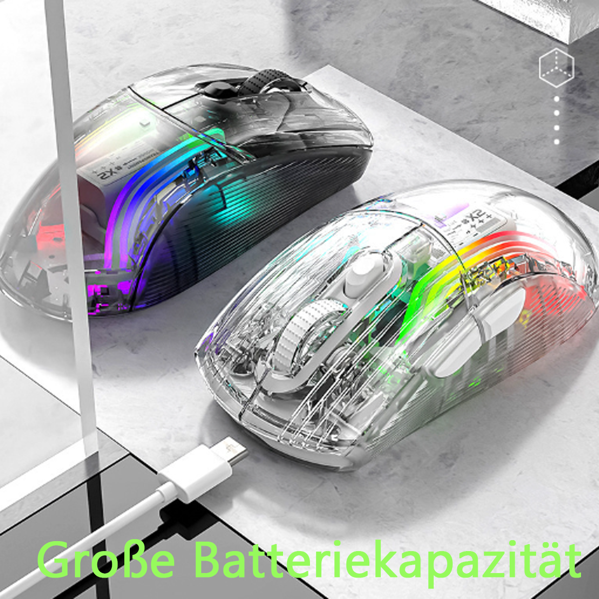 Zwei transparente Gaming-Mäuse mit RGB-Beleuchtung, weißes Kabel.