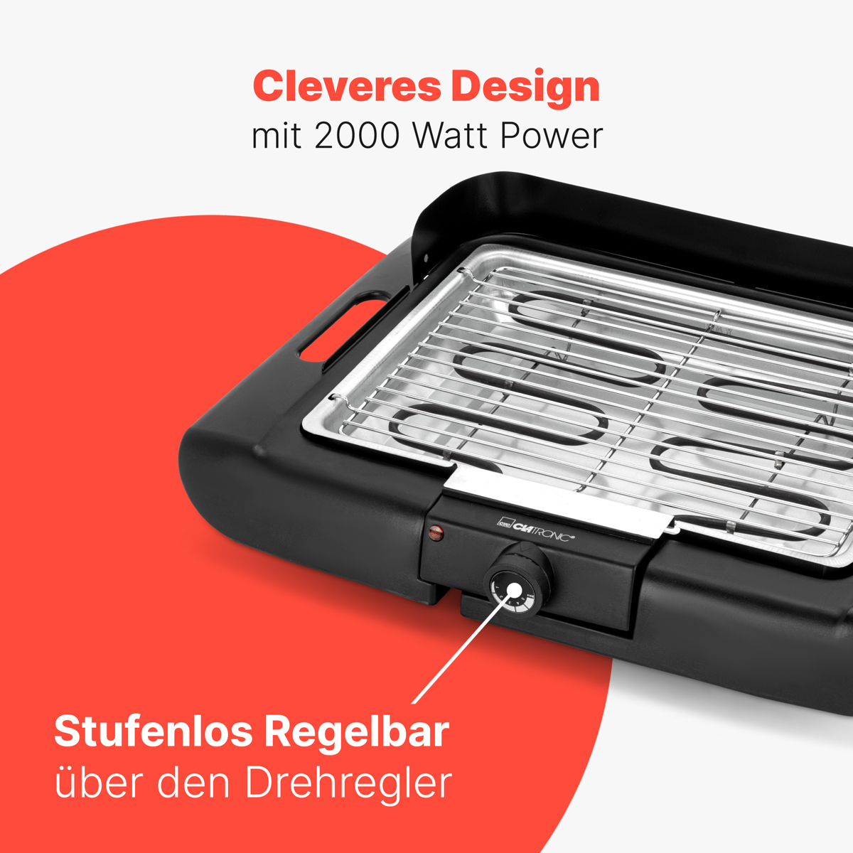 Czarny grill elektryczny z czerwonym tekstem i pokrętłem oznaczonym 'Stufenlos Regelbar'.