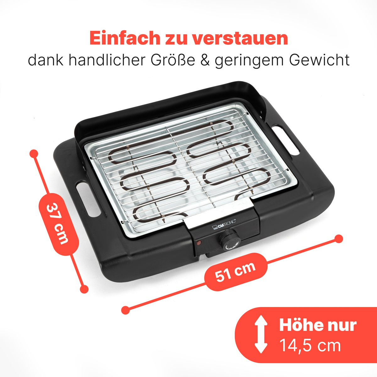 Czarny grill elektryczny z wymiarami i niemieckim tekstem, na białym tle.