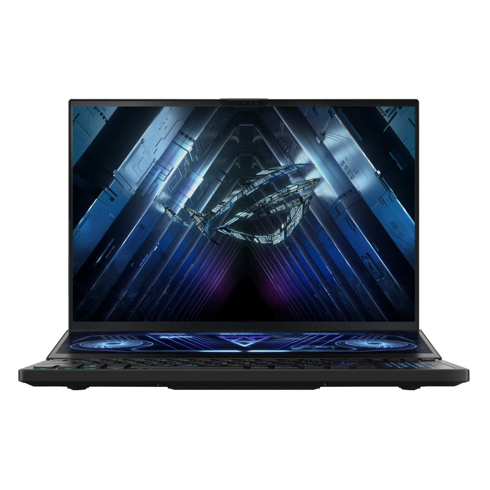Schwarzer Laptop mit zwei Bildschirmen. Zeigt ein futuristisches Design mit blauen und violetten Farbtönen.