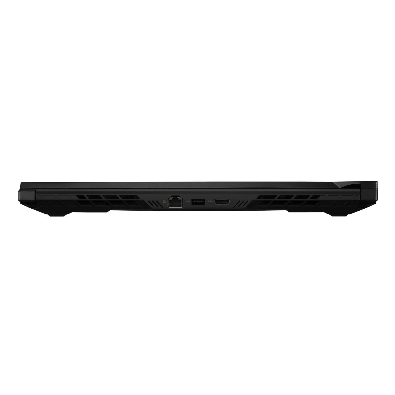 Laptop-Unterseite, schwarz. Zeigt Anschlüsse und Lüftungsschlitze.