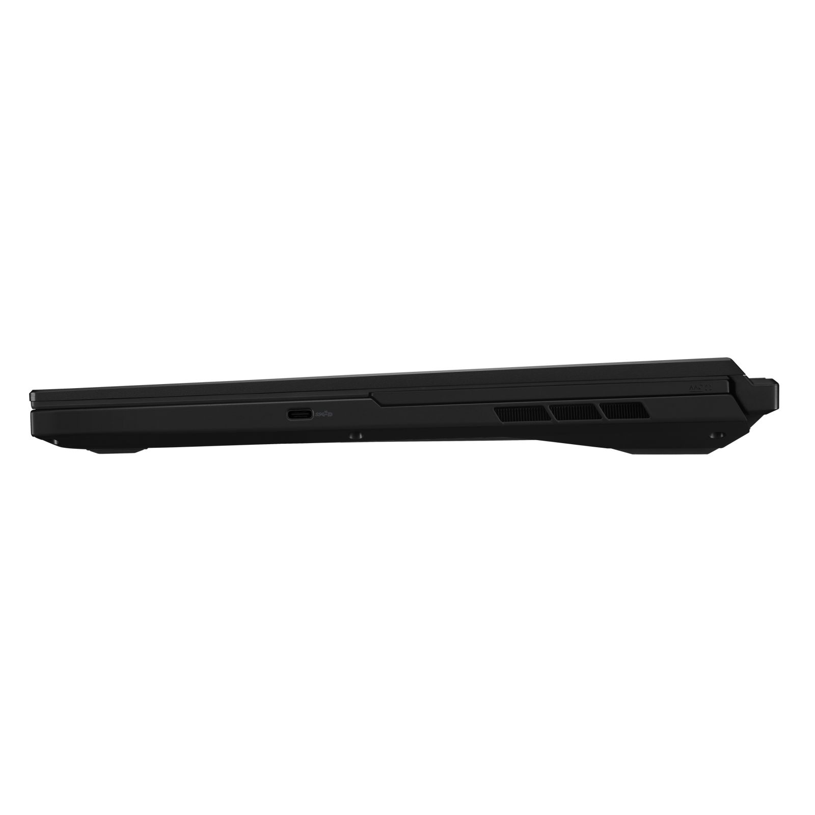 Ein schwarzer Laptop, Seitenansicht. Der Laptop ist geschlossen, die Seite zeigt zur Kamera.