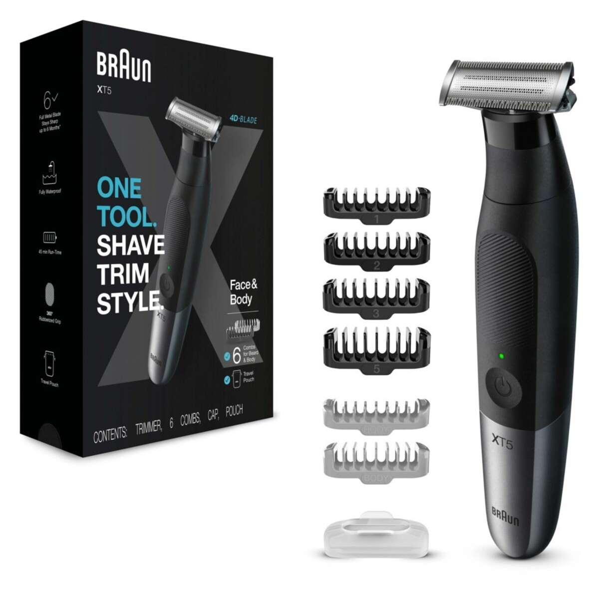 Rasoio Braun XT5 con scatola, accessori e dettagli del prodotto.
