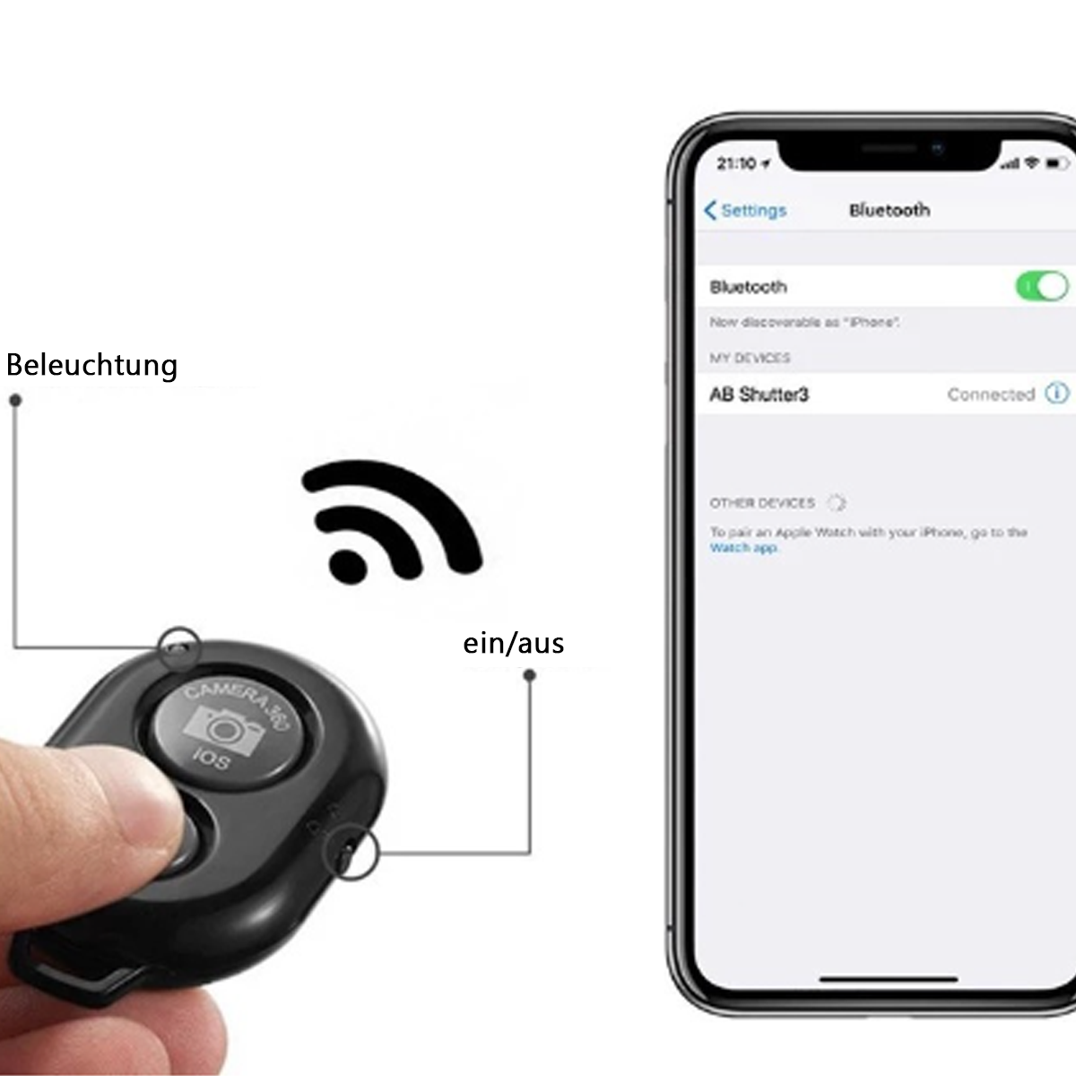 Eine schwarze Fernbedienung mit Kamerataste und Telefonbildschirm mit Bluetooth-Einstellungen.
