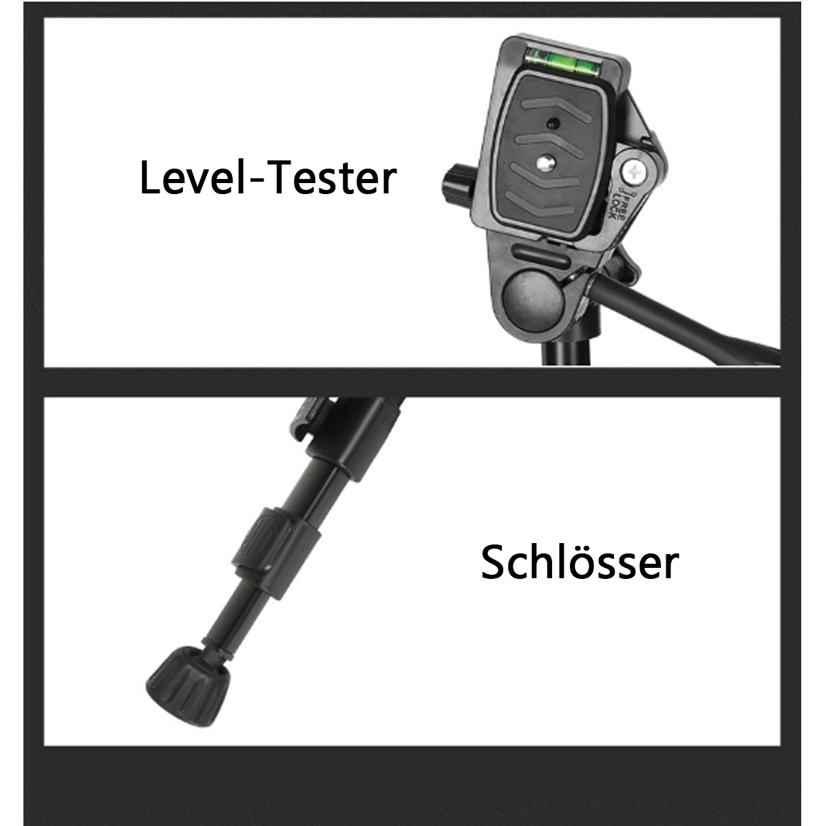 Stativteile: Wasserwaage und eine Schraube, mit dem deutschen Wort 'Schlösser'.