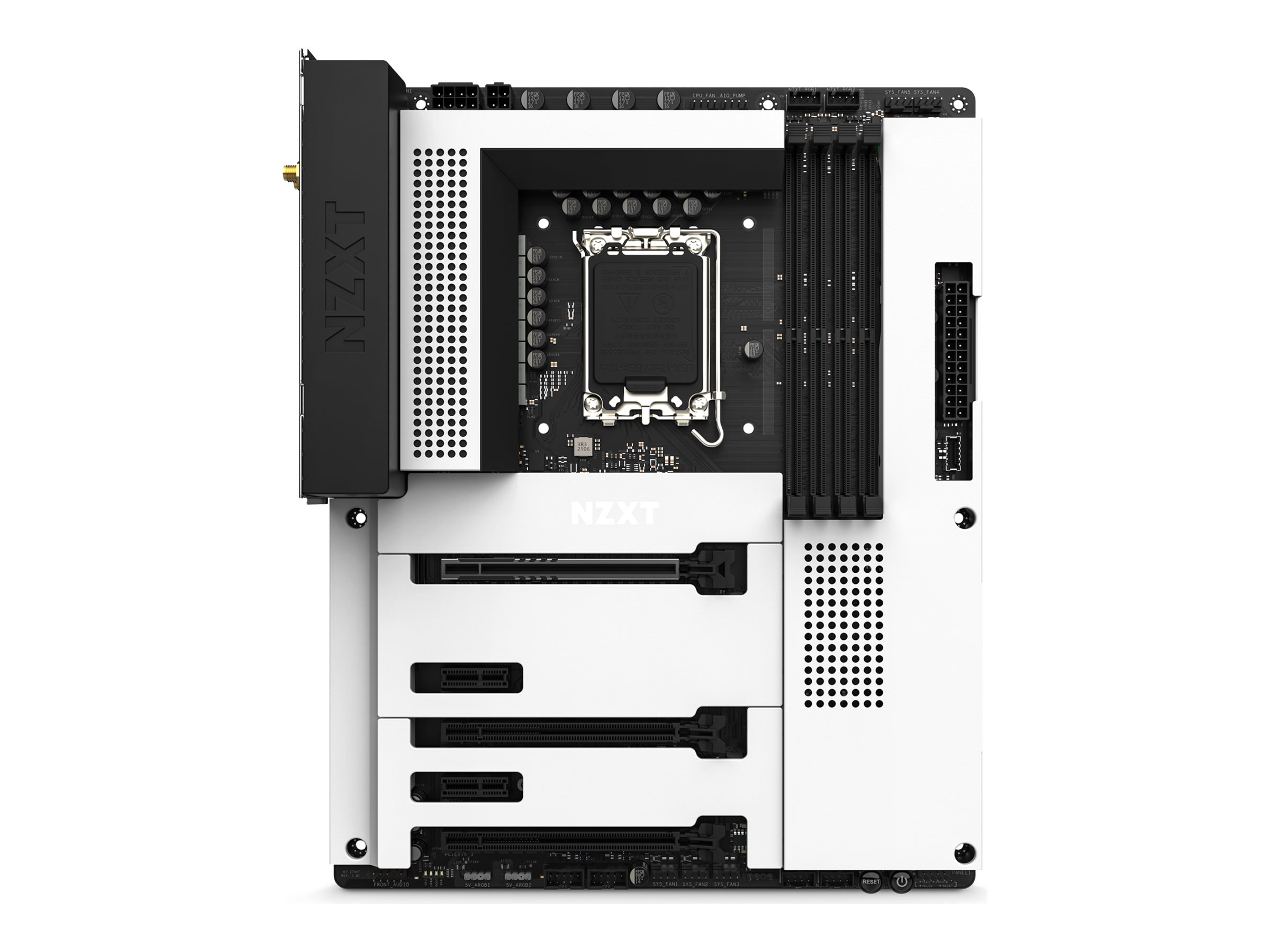 Scheda madre per computer bianca e nera. Logo NZXT visibile. Sono presenti più slot e porte. Socket CPU al centro.