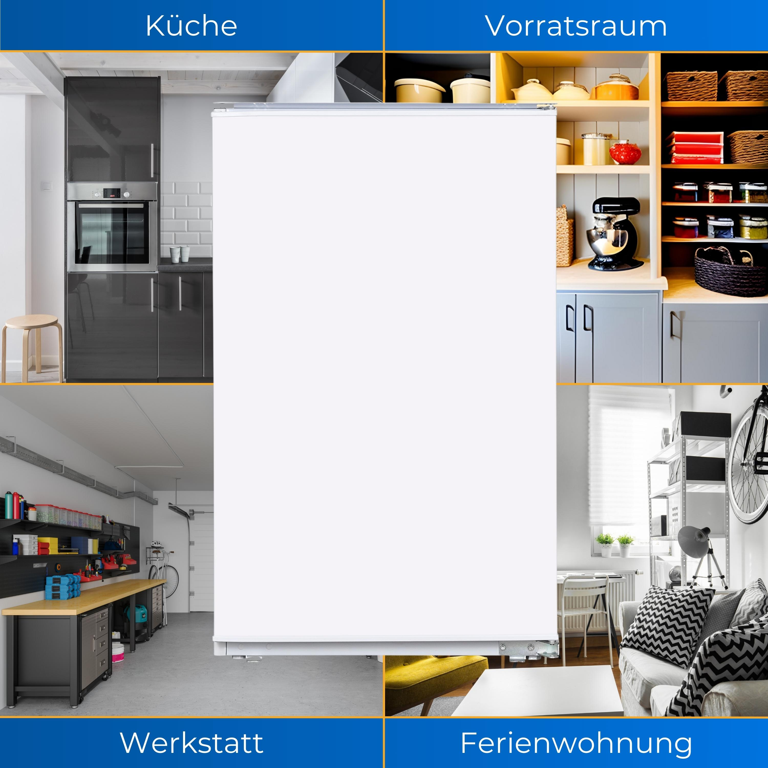 Eine Collage von Bildern. Küche, Vorratsraum, Werkstatt und Ferienwohnung, jeweils mit Beschriftung.