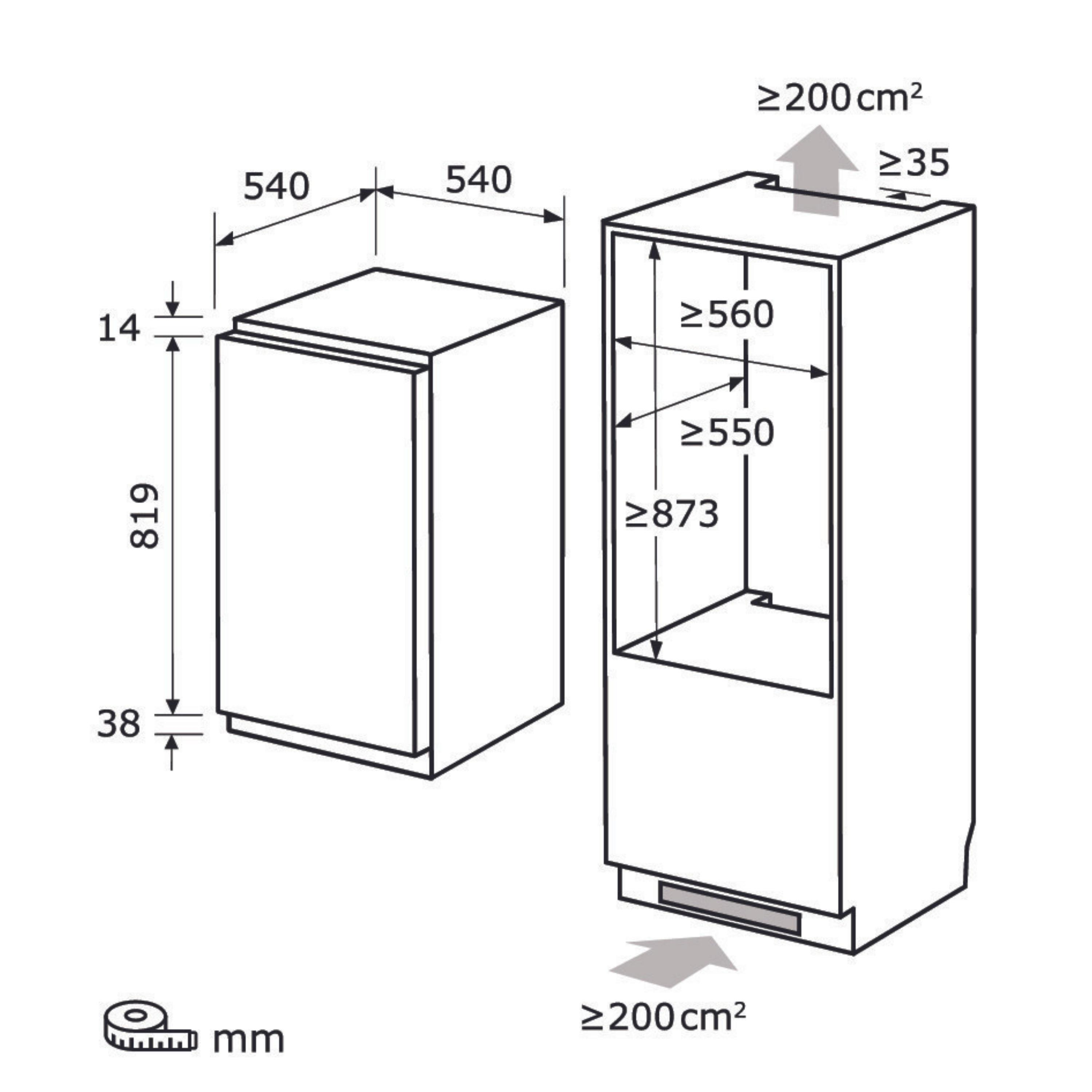 Diagramm eines Schranks mit Abmessungen in Millimetern, Design und Maße zeigend.