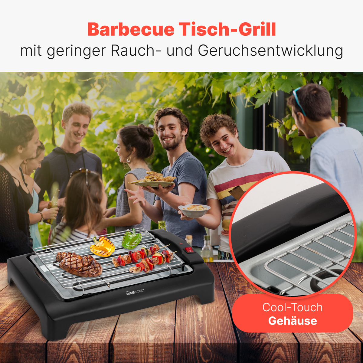 Grupa ludzi wokół grilla z jedzeniem, tekst: "Barbecue Tisch-Grill".