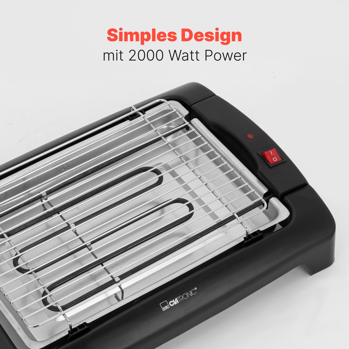 Grill elektryczny z tekstem 'Simples Design mit 2000 Watt Power'.