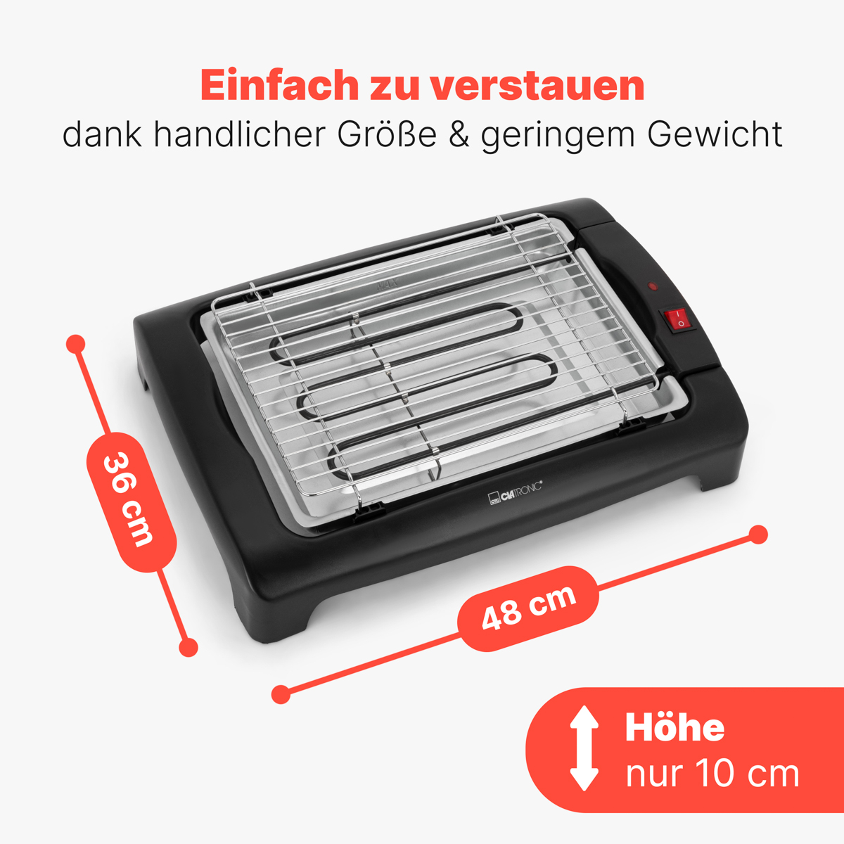 Czarny grill elektryczny z wymiarami i tekstem. Grill stoi na białej powierzchni.