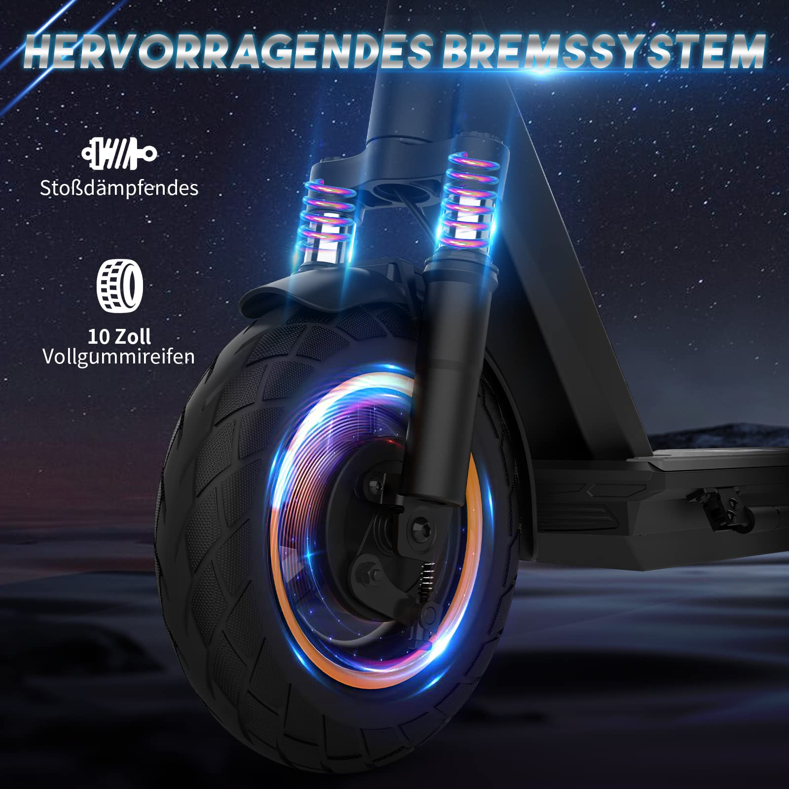 Nahaufnahme eines Elektroroller-Rads mit Bremslichtern. Text: 'Hervorragendes Bremssystem'.