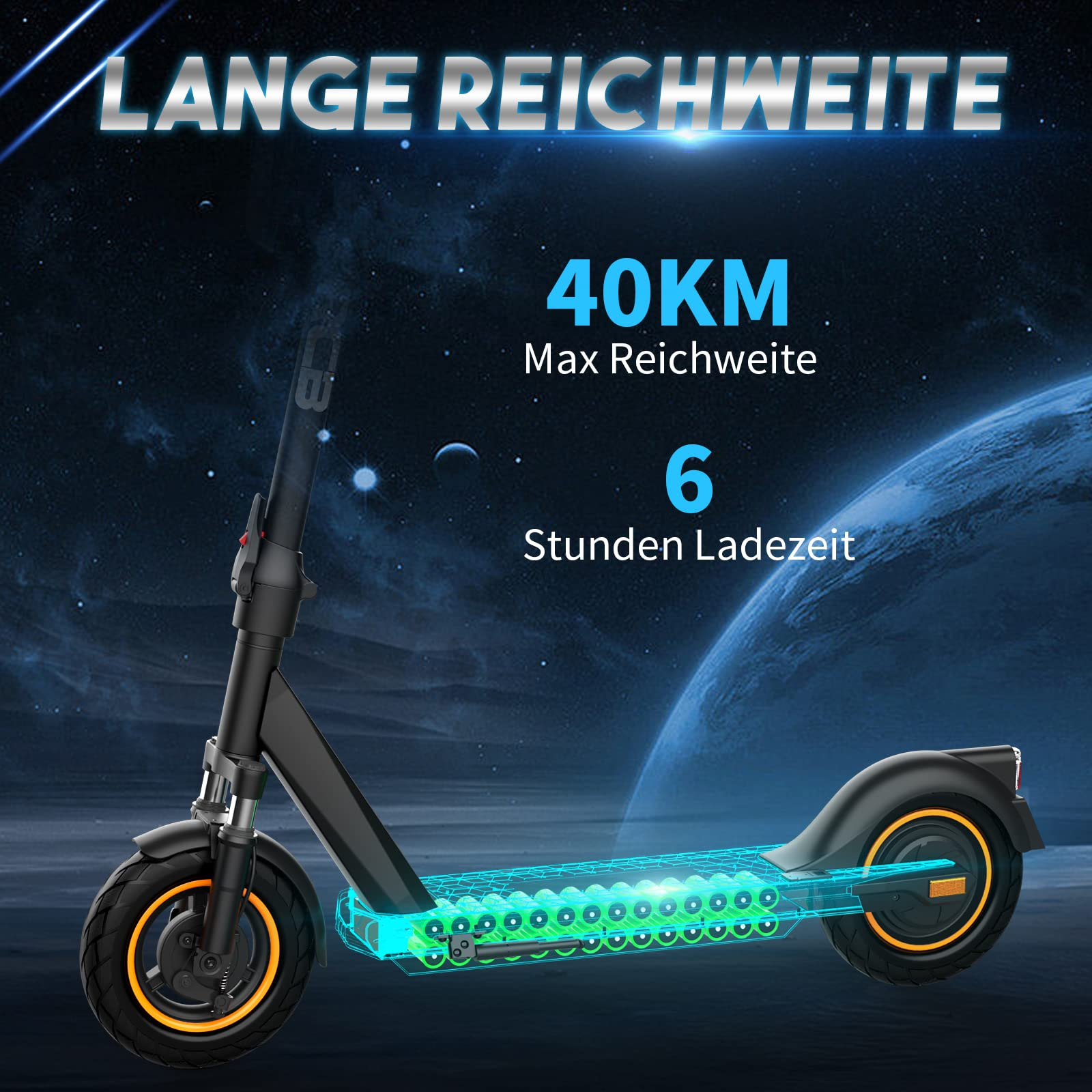 Elektroroller mit Text über Reichweite und Ladezeit, vor Weltraumhintergrund.