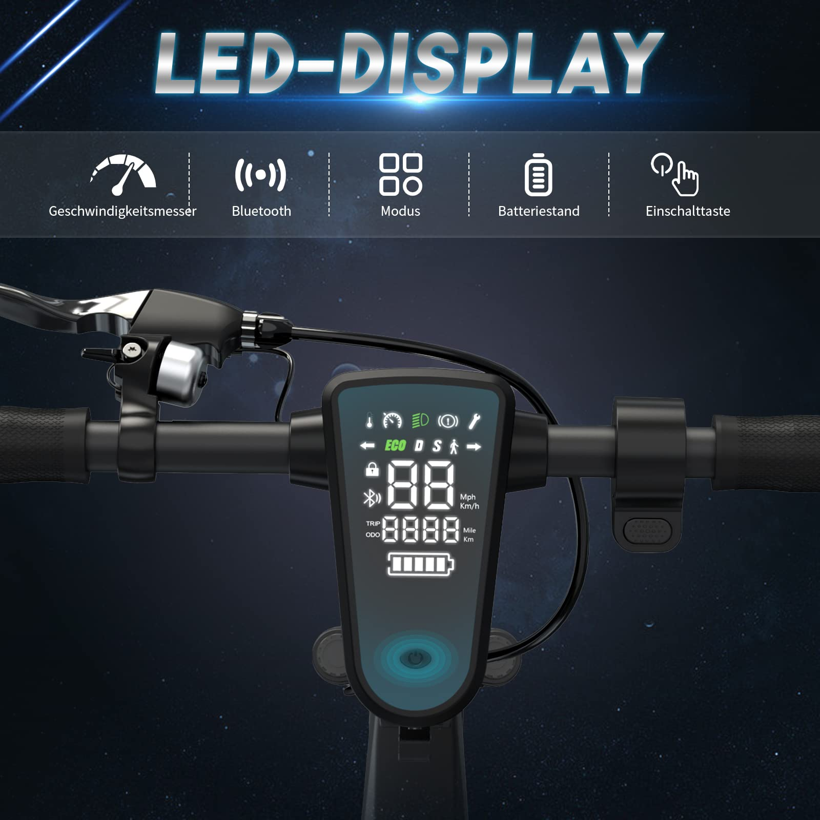 Nahaufnahme eines Elektroroller-Lenkers mit LED-Anzeige, Geschwindigkeit, Bluetooth und Batteriestatus.