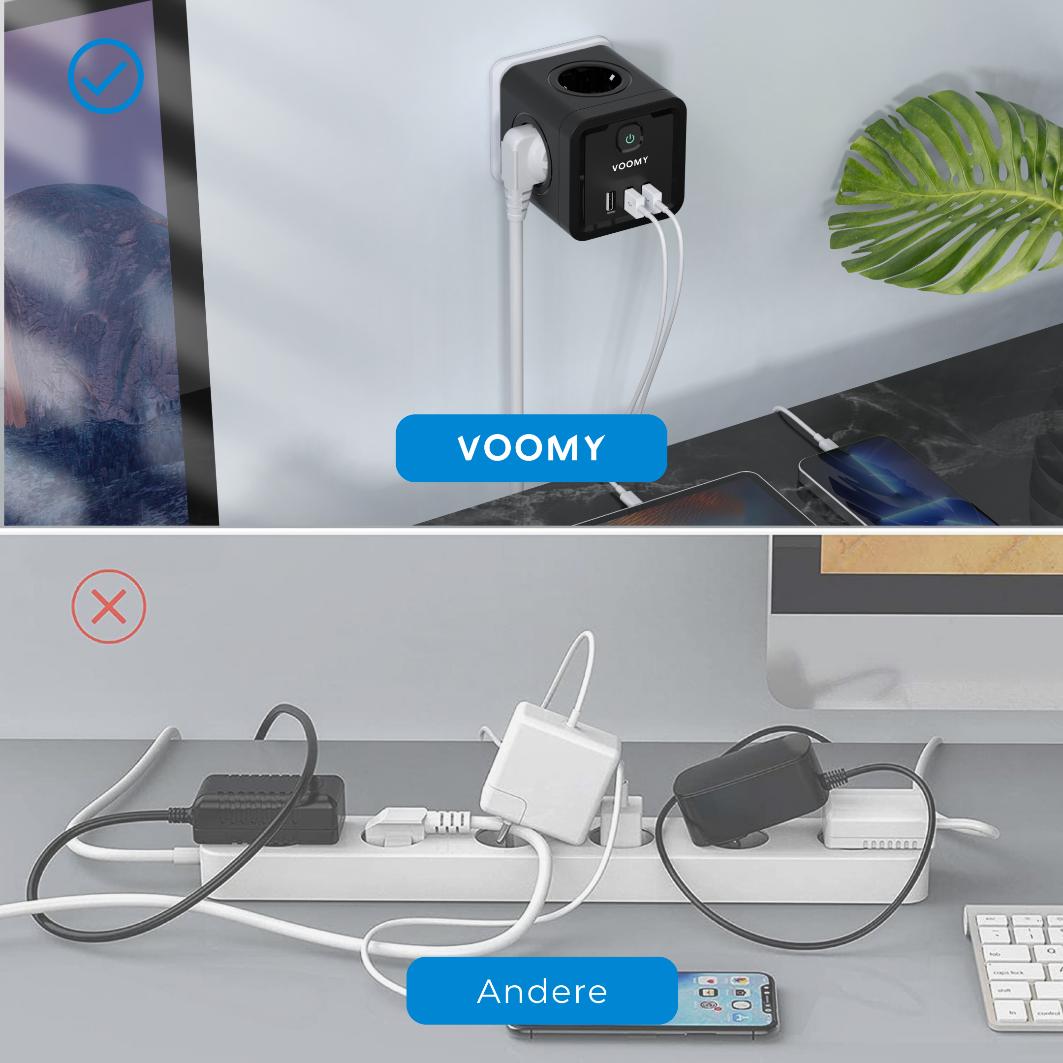 Das Bild zeigt einen VOOMY-Netzadapter und eine unordentliche Steckdosenleiste. Der Adapter wird bevorzugt. Der andere ist mit einem roten X markiert.