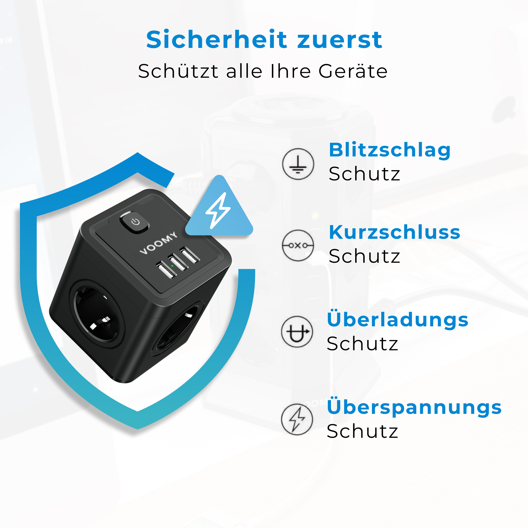 Schwarzer Stromadapter mit Steckdosen und USB-Anschlüssen. Schützt vor Blitzschlag, Kurzschluss, Überlastung und Überspannung.