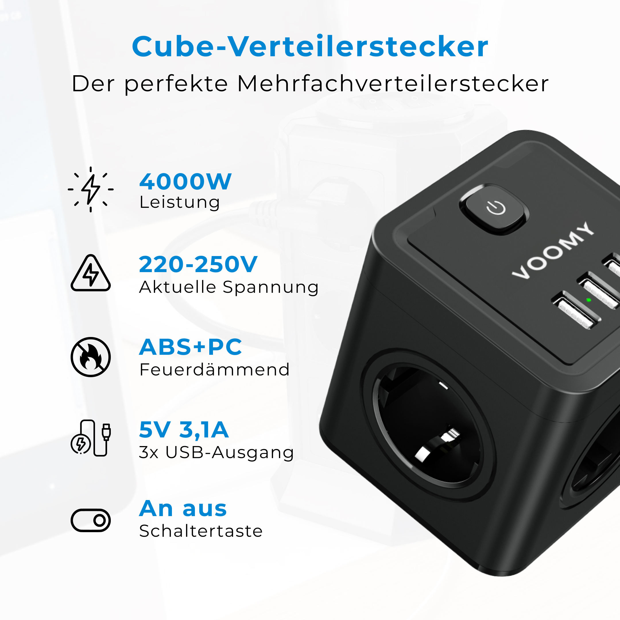 Schwarzer Würfel-Stecker mit Strom- und USB-Anschlüssen. Text enthält Spannung und Watt-Details.