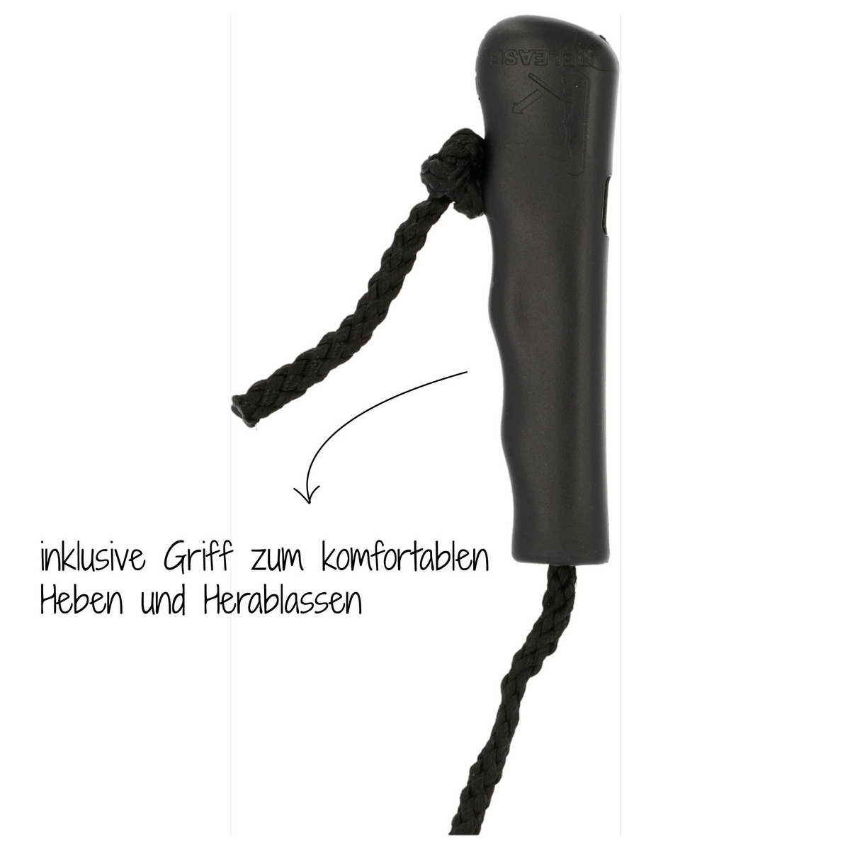 Schwarzer Griff mit Seil. Text beschreibt den Griff zum komfortablen Heben und Absenken.