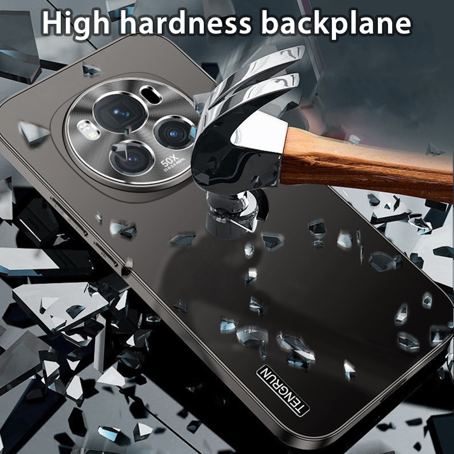 Ein Handy wird mit einem Hammer geschlagen. Glassplitter sind verstreut. Text oben sagt 'High hardness backplane'.