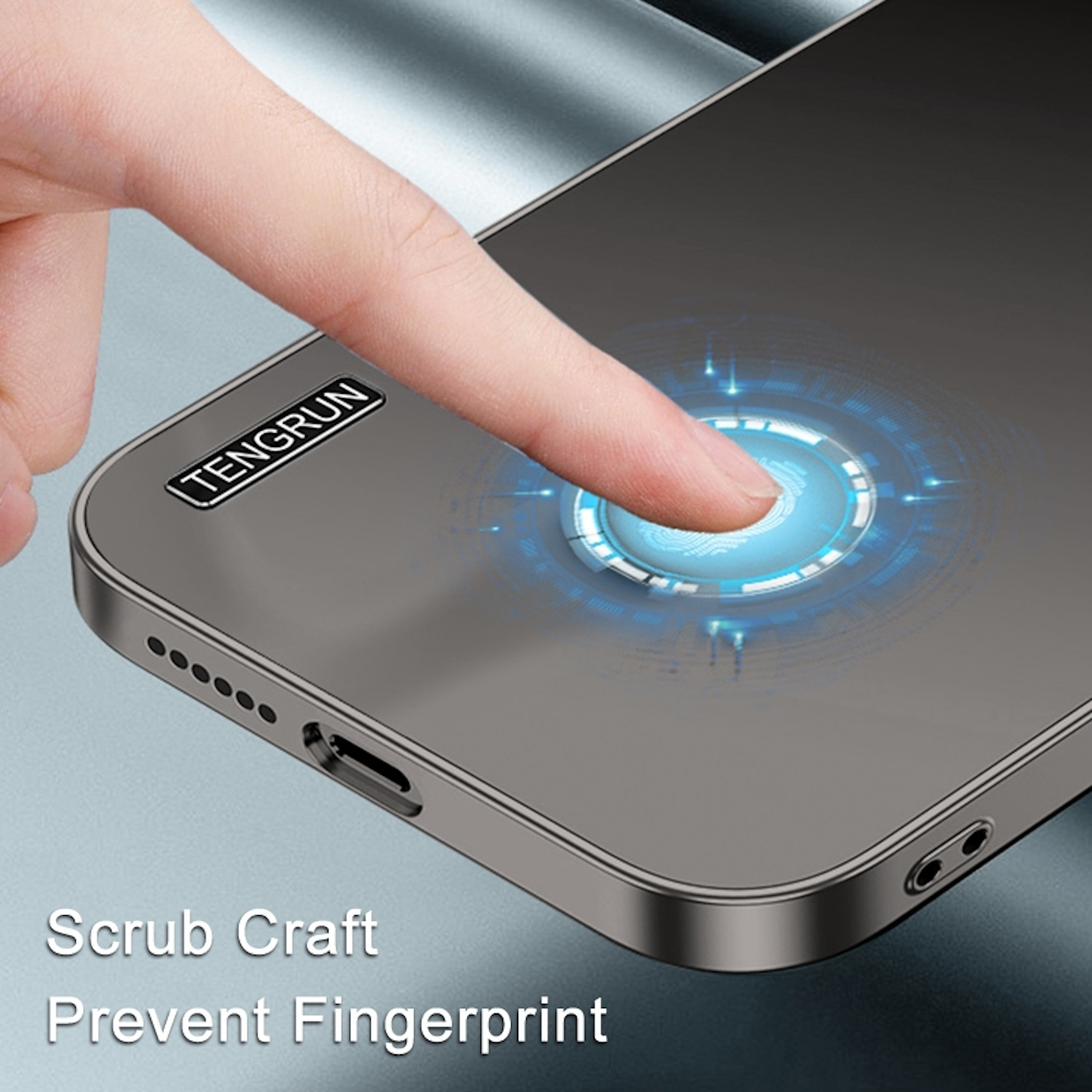 Der Finger einer Person berührt den Bildschirm eines Telefons mit einem Fingerabdruckgrafik. Das Telefon ist grau.
