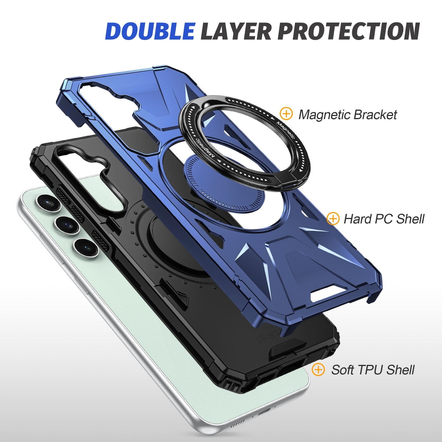 Eine mehrschichtige Handyhülle in Blau und Schwarz mit Magnetbügel und weicher TPU-Schale.