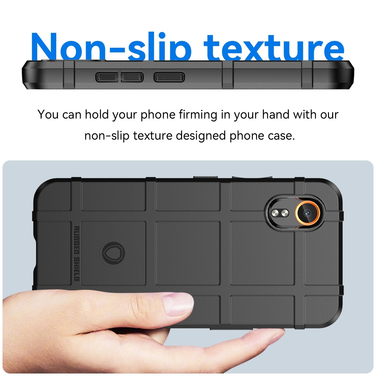 Schwarze Handyhülle mit rutschfester Textur. Eine Hand hält die Hülle.