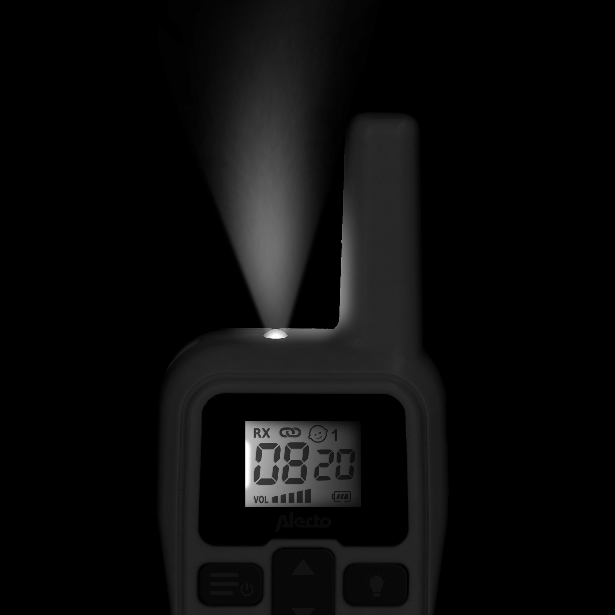 Black Alecto baby monitor with a lit screen. A light beam shines from the top.