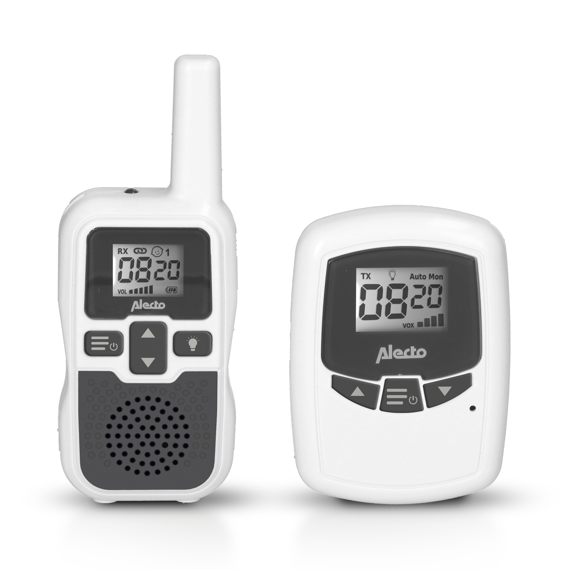 A white baby monitor set. One is a transmitter, the other a receiver. The background is white.