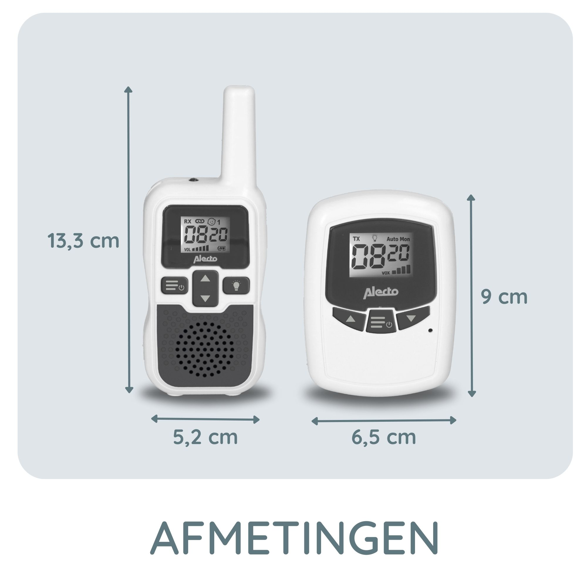 White baby monitor, two units. Measurements: 13.3 cm and 9 cm.