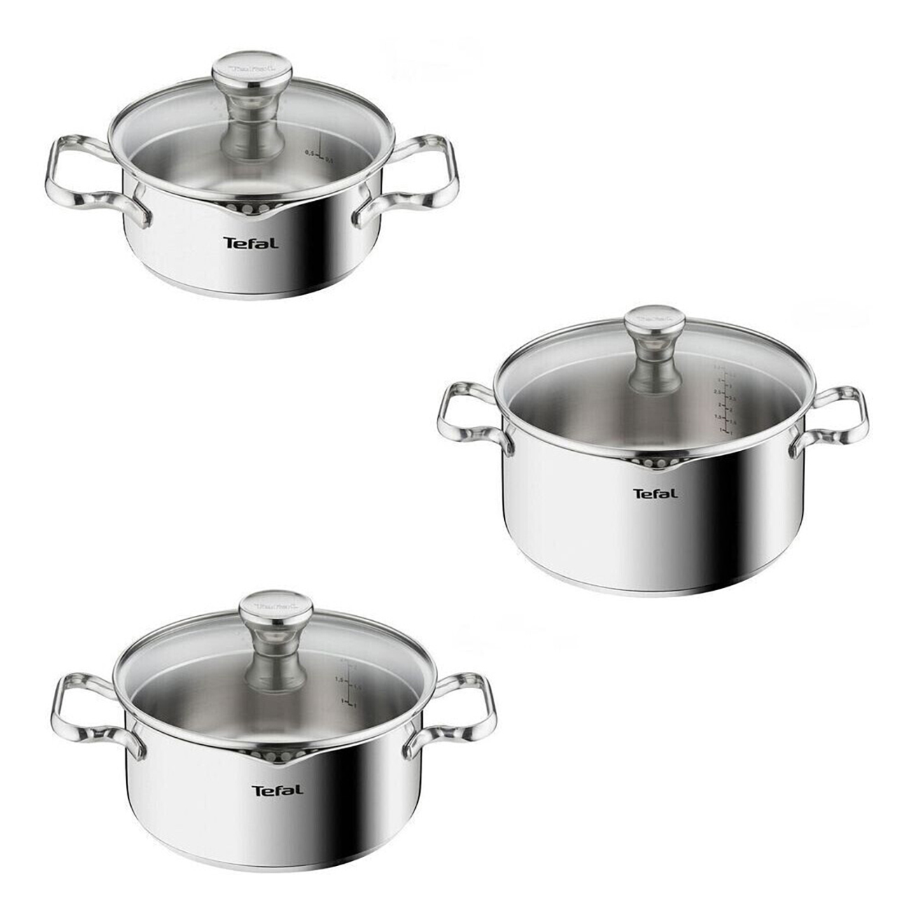 Drei Edelstahltöpfe mit Glasdeckeln. Die Töpfe sind unterschiedlich groß, alle mit Tefal-Branding.