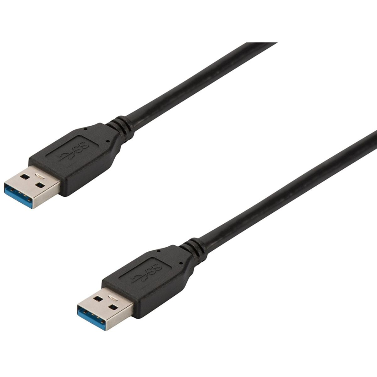 Due cavi USB neri con connettori blu. I connettori hanno il simbolo USB.