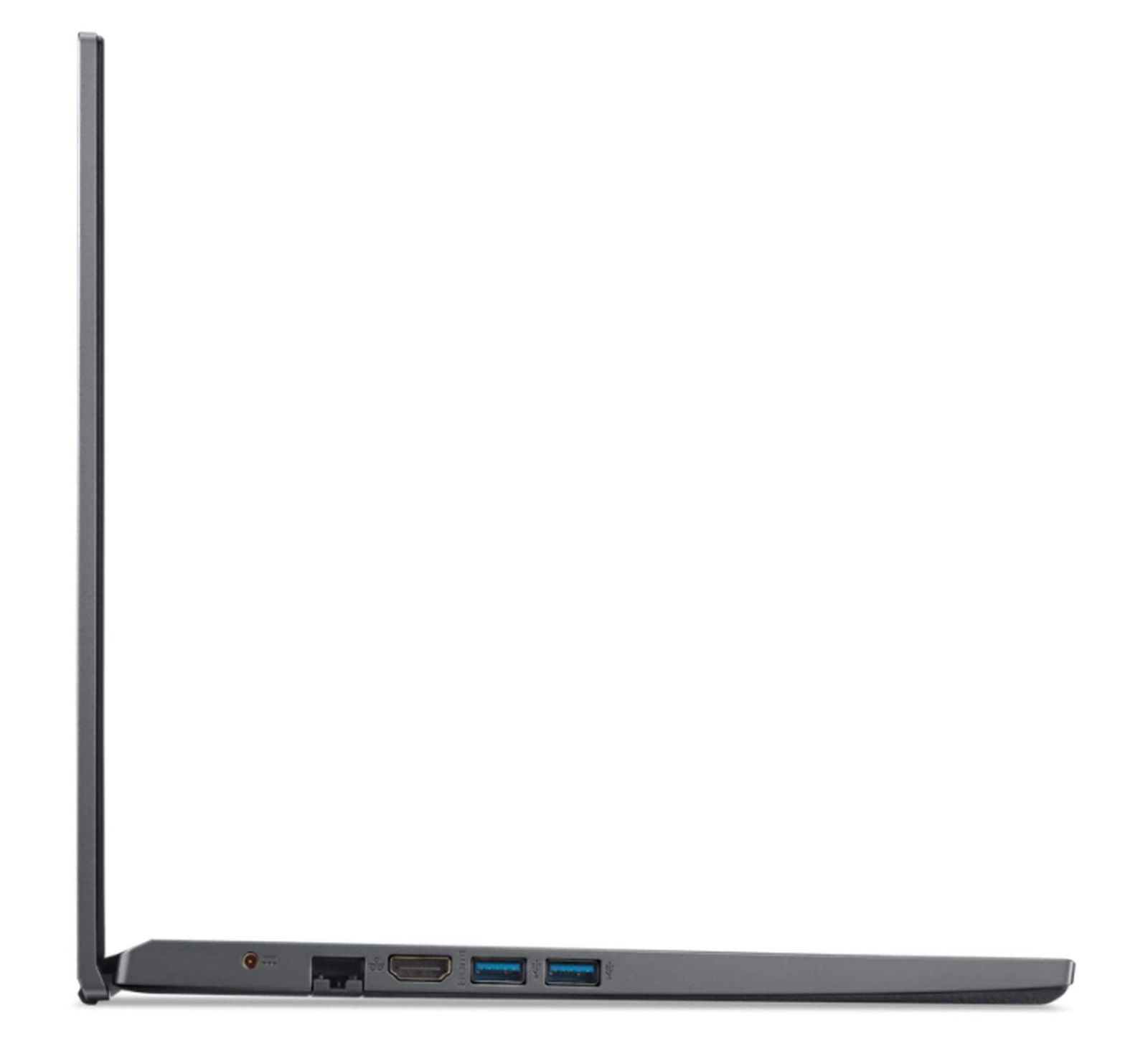 Seitenansicht eines grauen Laptops mit sichtbaren Anschlüssen. Auf weißem Hintergrund.