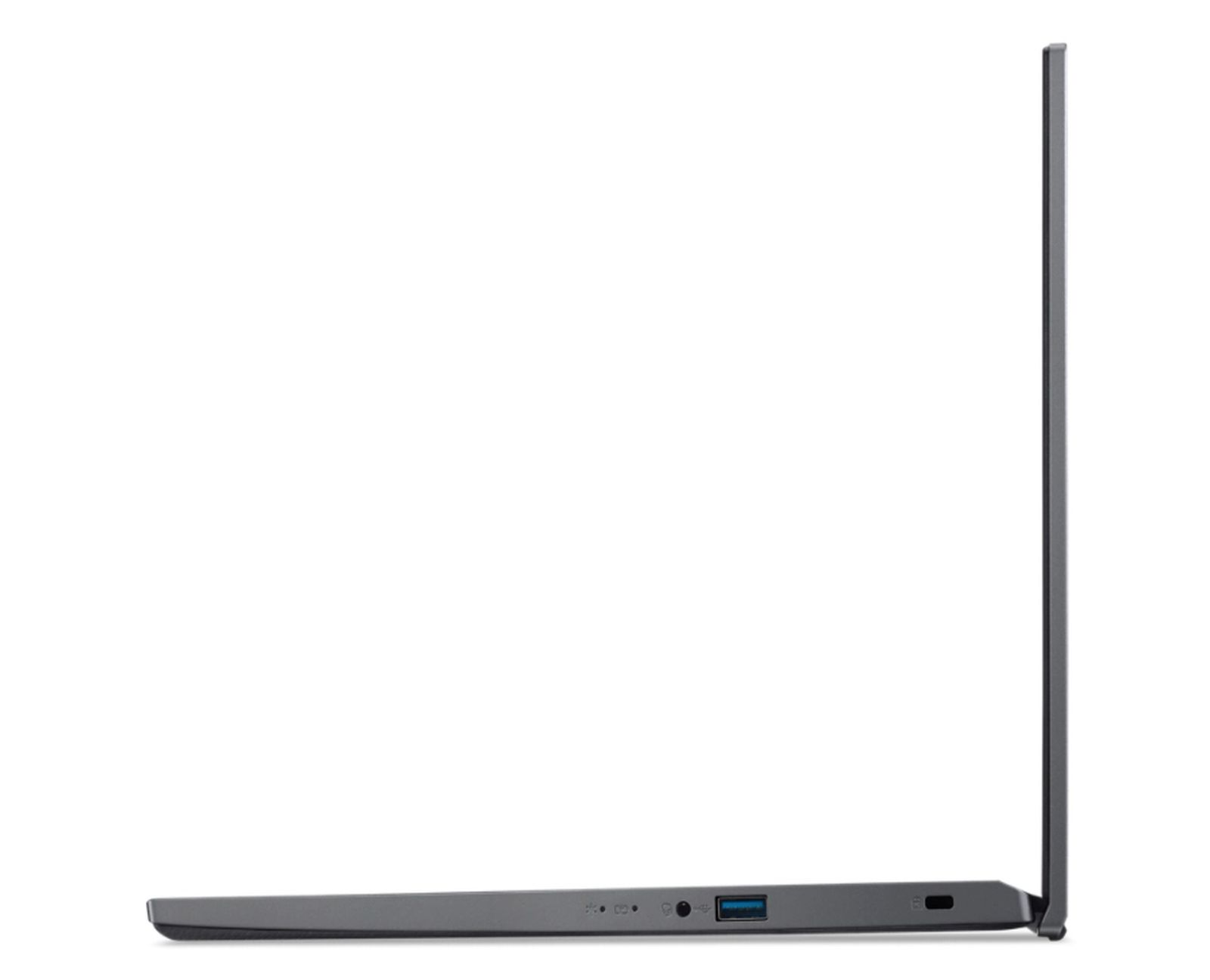 Laptop-Seitenansicht. Graues Gerät auf weißem Hintergrund.