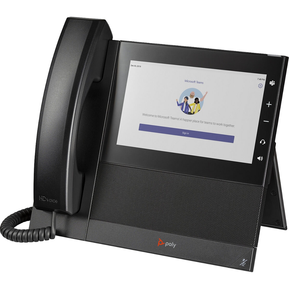 Un telefono da ufficio nero con un ampio schermo, che mostra un'interfaccia Microsoft Teams.