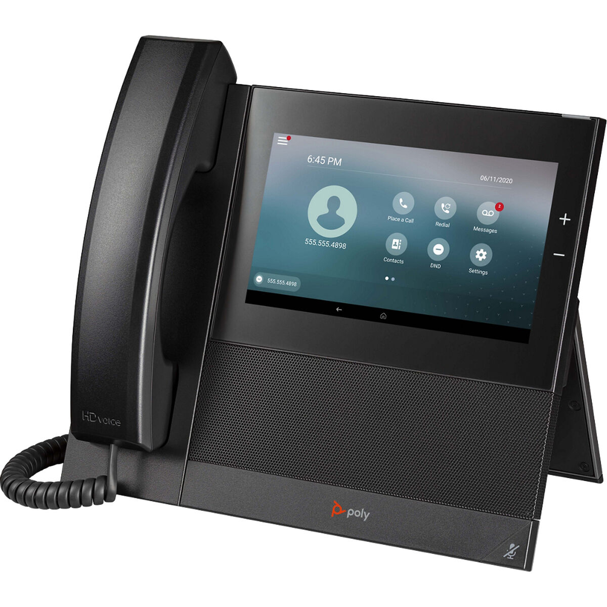 Telefono Polycom HD voice nero con un grande schermo che mostra un'interfaccia di chiamata.
