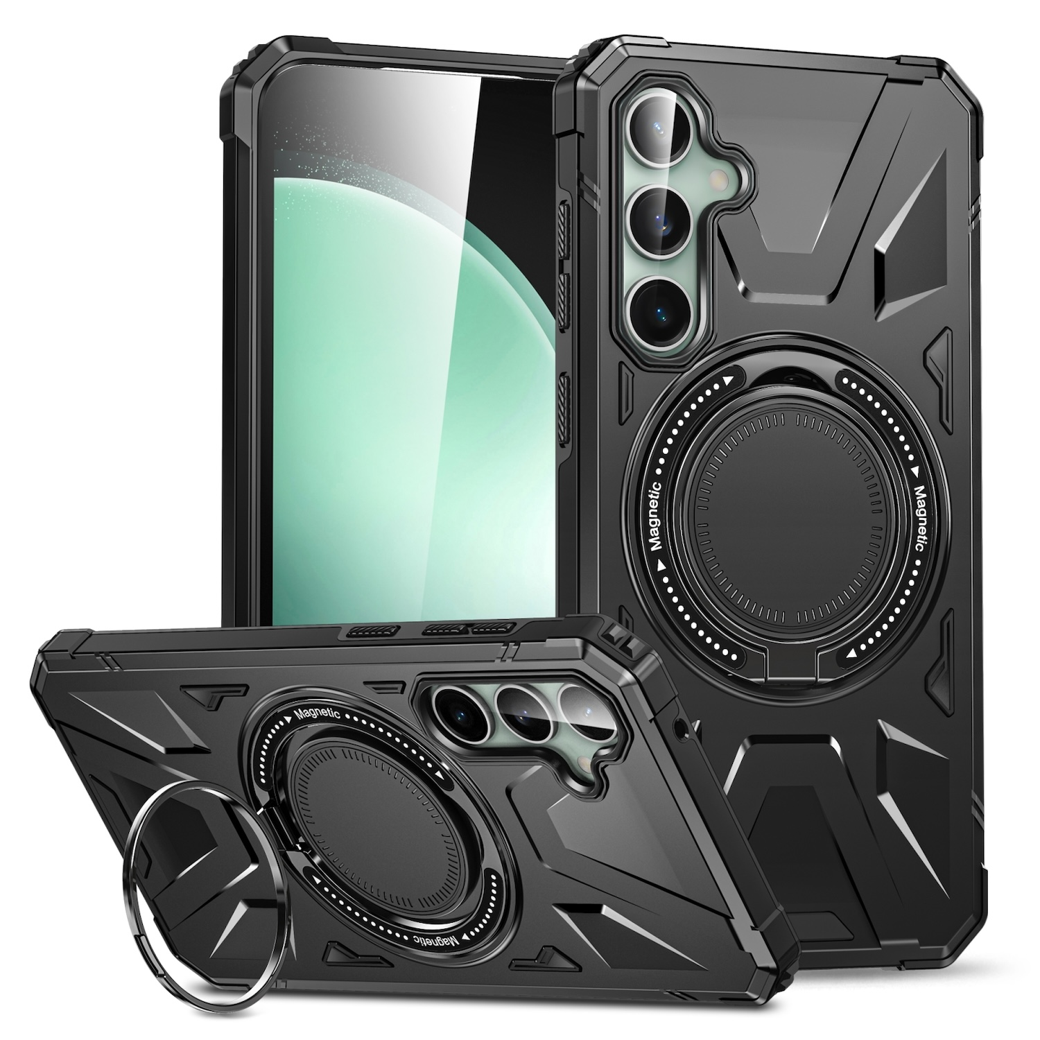 Schwarze Handyhüllen. Telefone in Hüllen zeigen Kameras und einen Ring. Schwarz-Grau-Design.