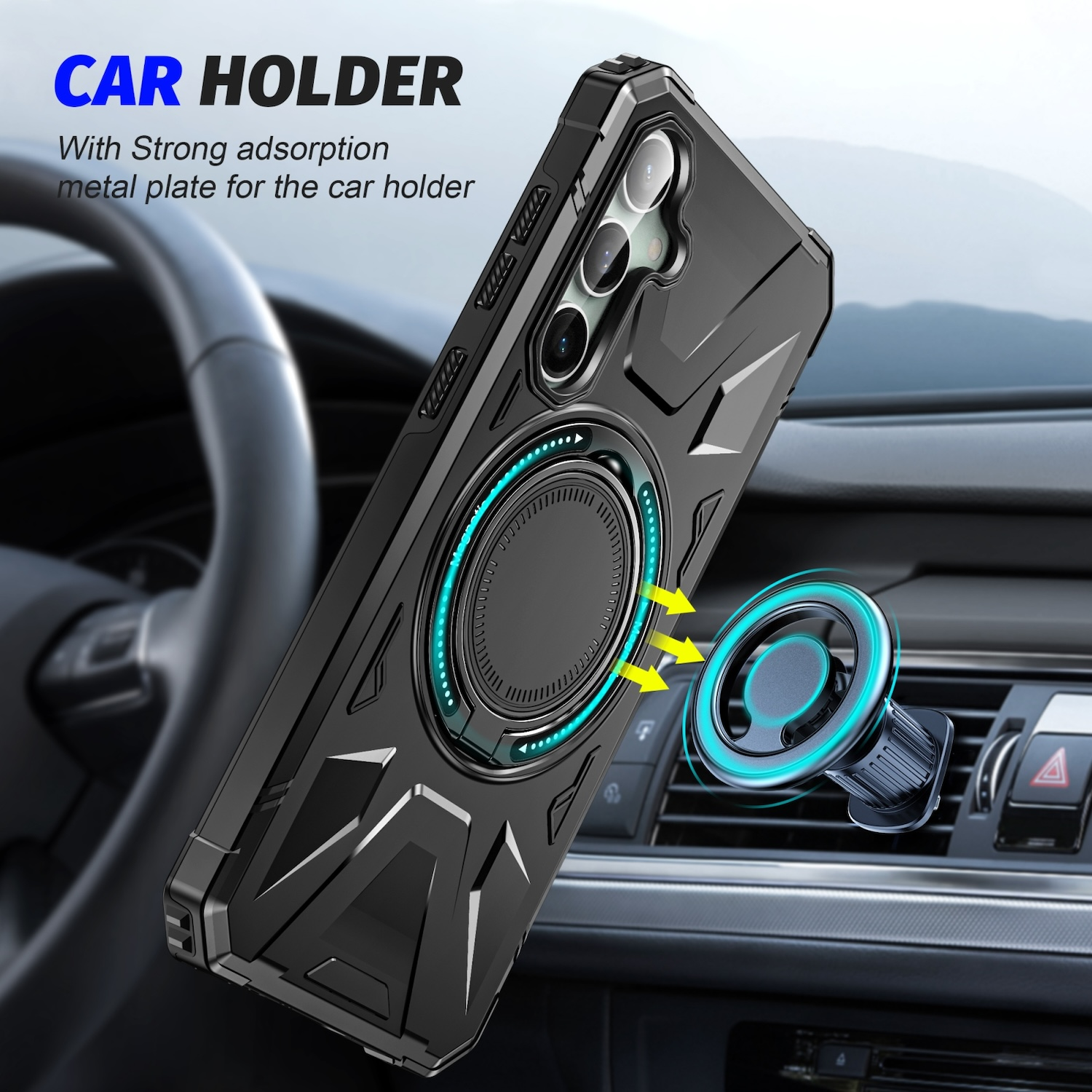 Schwarzer Kfz-Telefonhalter mit Magnetring und Telefon. Der Halter ist am Armaturenbrett befestigt.