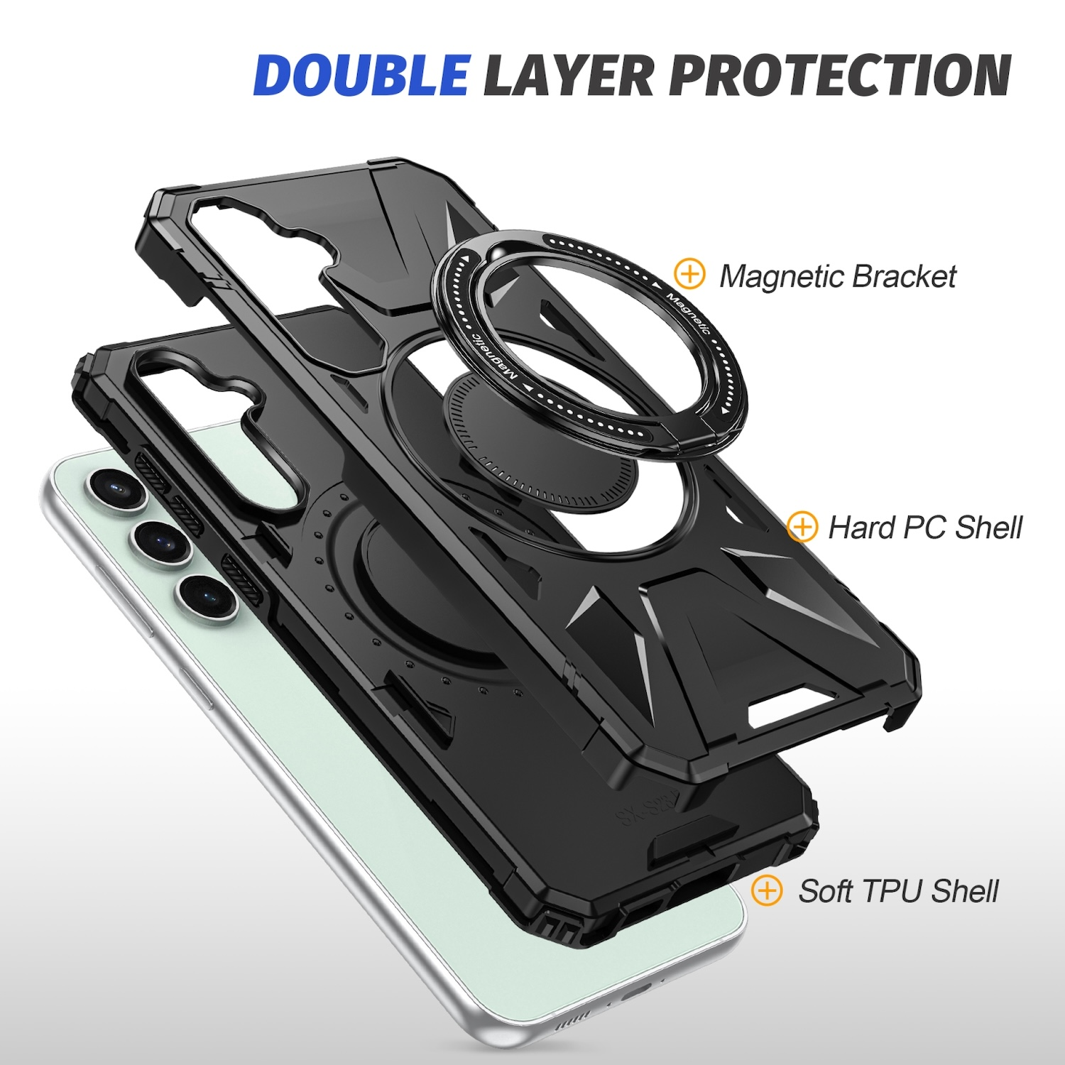 Handyhülle mit Telefon, zeigt Schichten: Magnetischer Halter, harte PC-Schale, weiche TPU-Schale. Weißer Hintergrund.