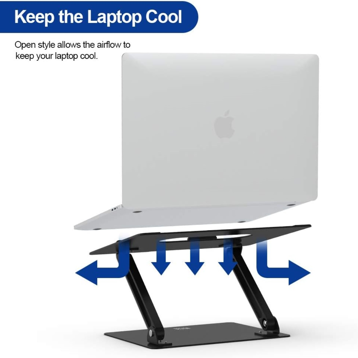 Laptop auf einem schwarzen Ständer. Pfeile zeigen den Luftstrom.