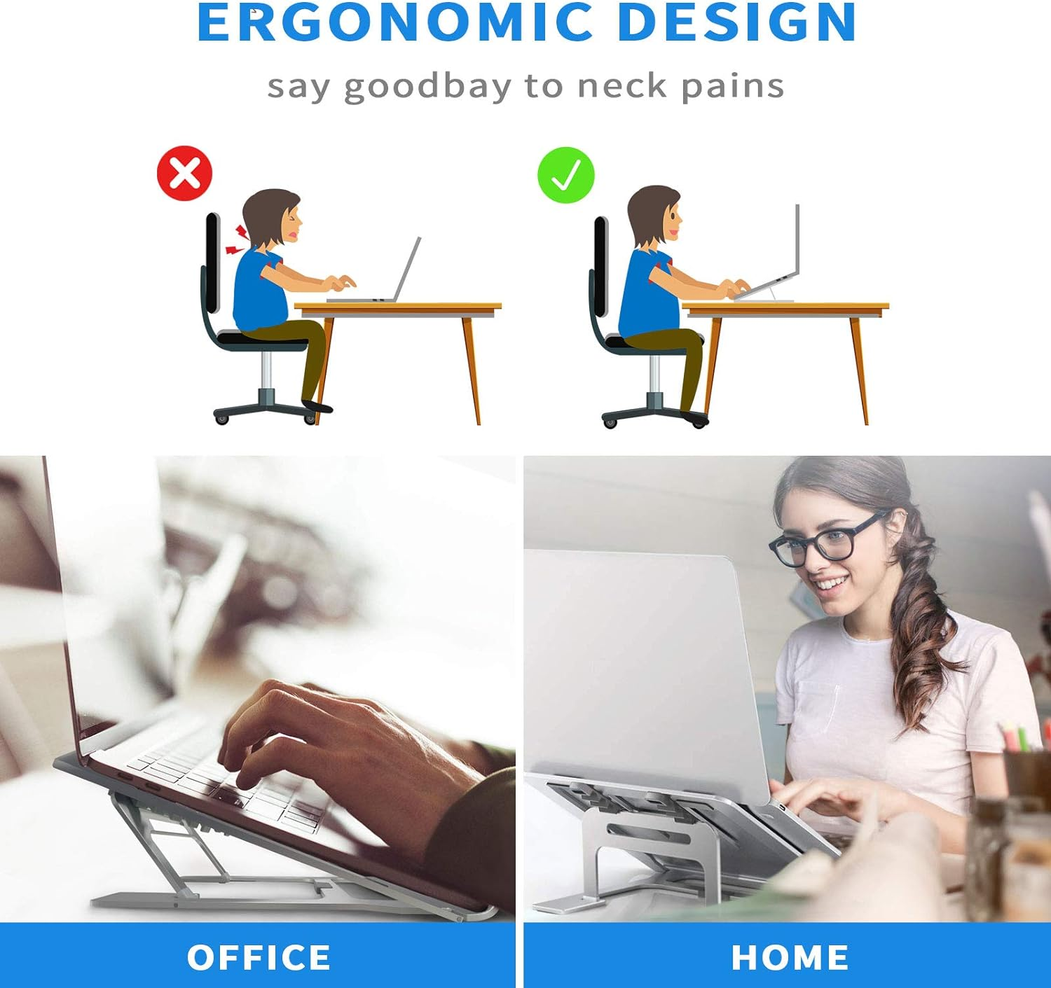 Diagramm zum ergonomischen Design für die Laptop-Nutzung, das korrekte und inkorrekte Haltung vergleicht.