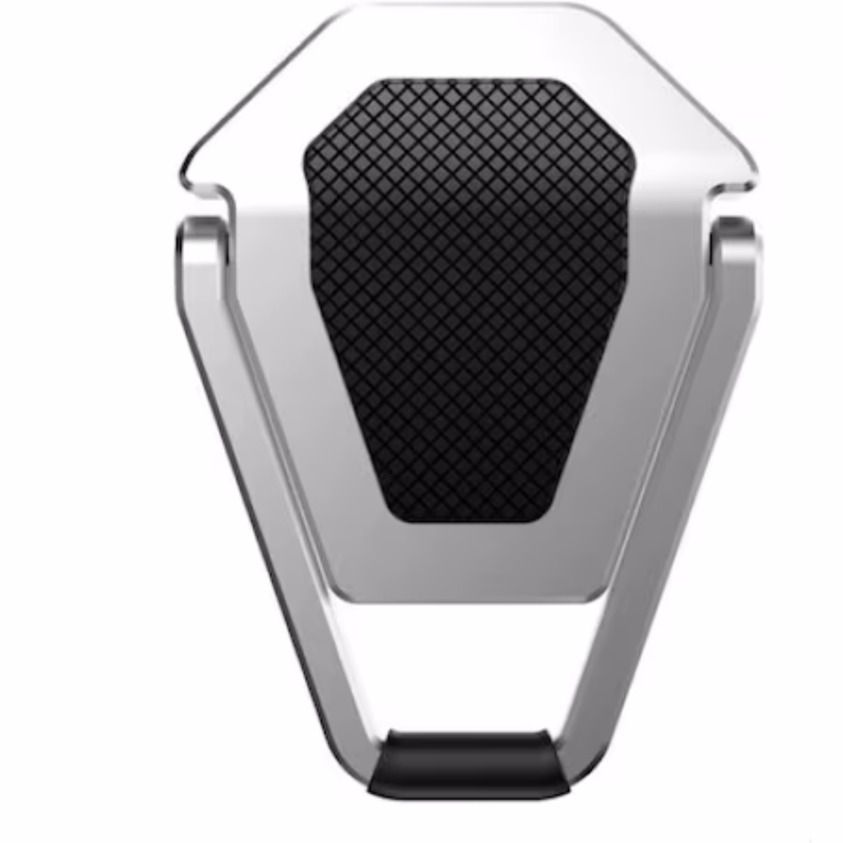 Silberner Laptop-Ständer. Hat eine schwarze, rutschfeste Oberfläche. Abgewinkeltes Design. Weißer Hintergrund.