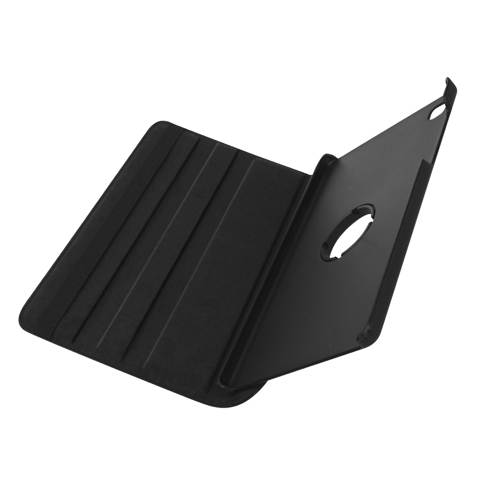 Una custodia per tablet nera, parzialmente aperta. Ha un ritaglio per la fotocamera. Lo sfondo è bianco.