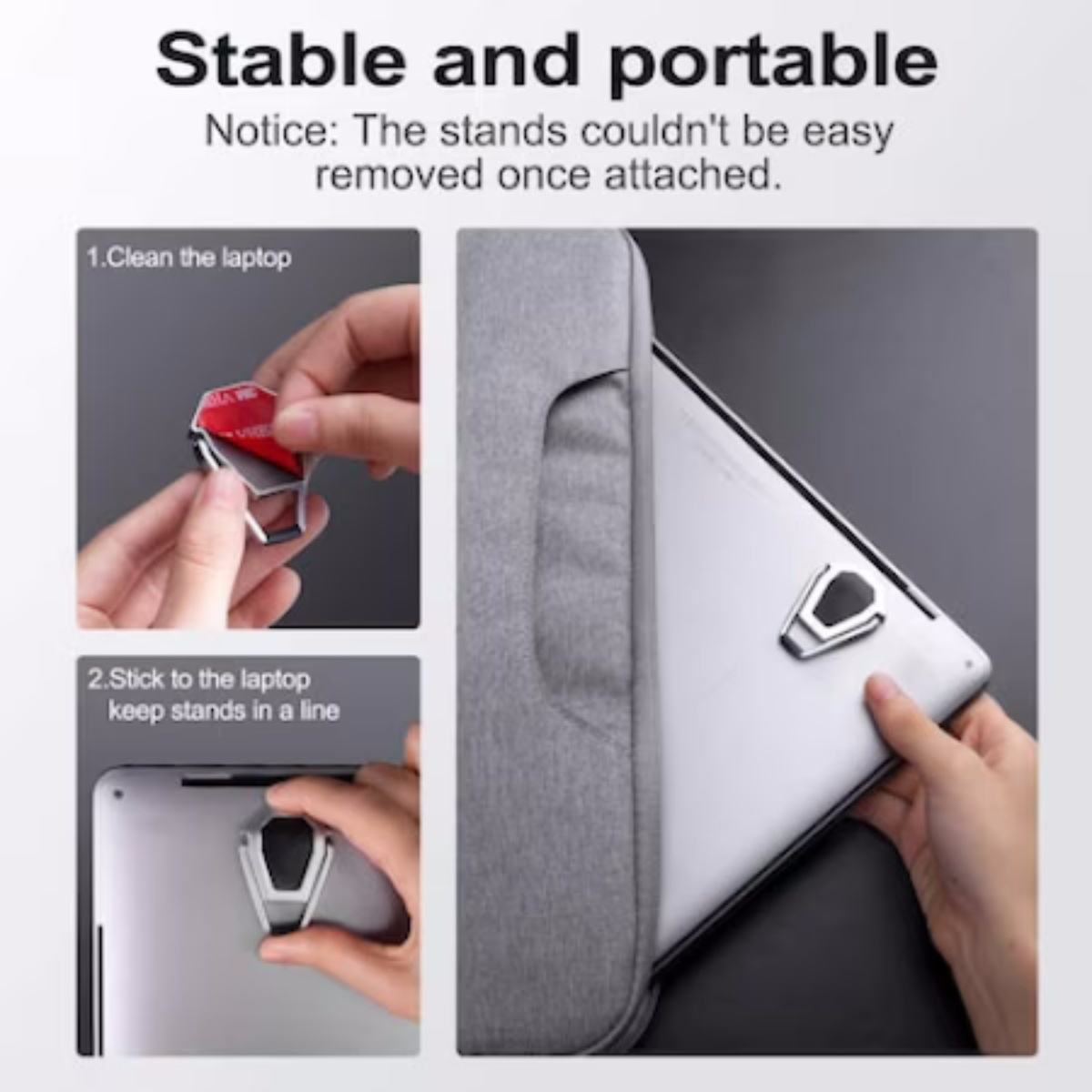 Laptop mit silbernem Ständer. Graue Hülle im Hintergrund.