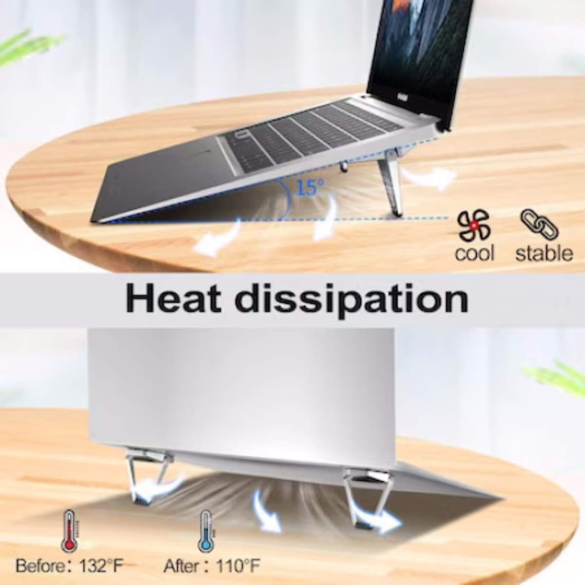 Ein Laptop auf einem Ständer mit Kühlung, zeigt Wärmeableitung und der Ständer ist um 15 Grad geneigt.