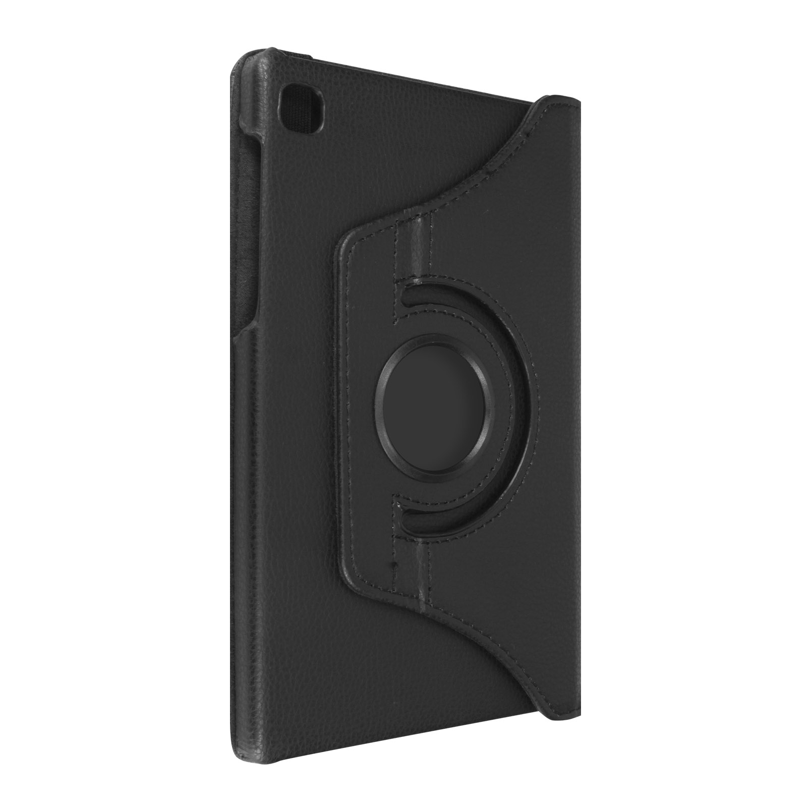 Custodia per tablet nera con anello girevole. La custodia è chiusa e in verticale.