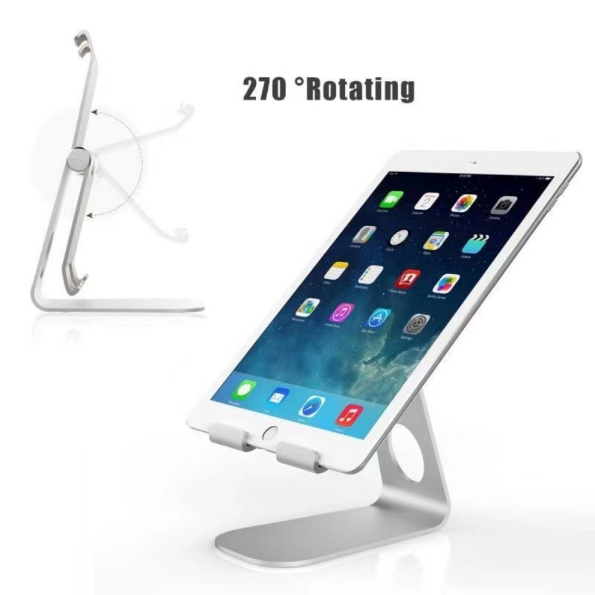 Silberner Tablet-Ständer, der ein Tablet hält. Der Ständer ist verstellbar, mit weißem Hintergrund.