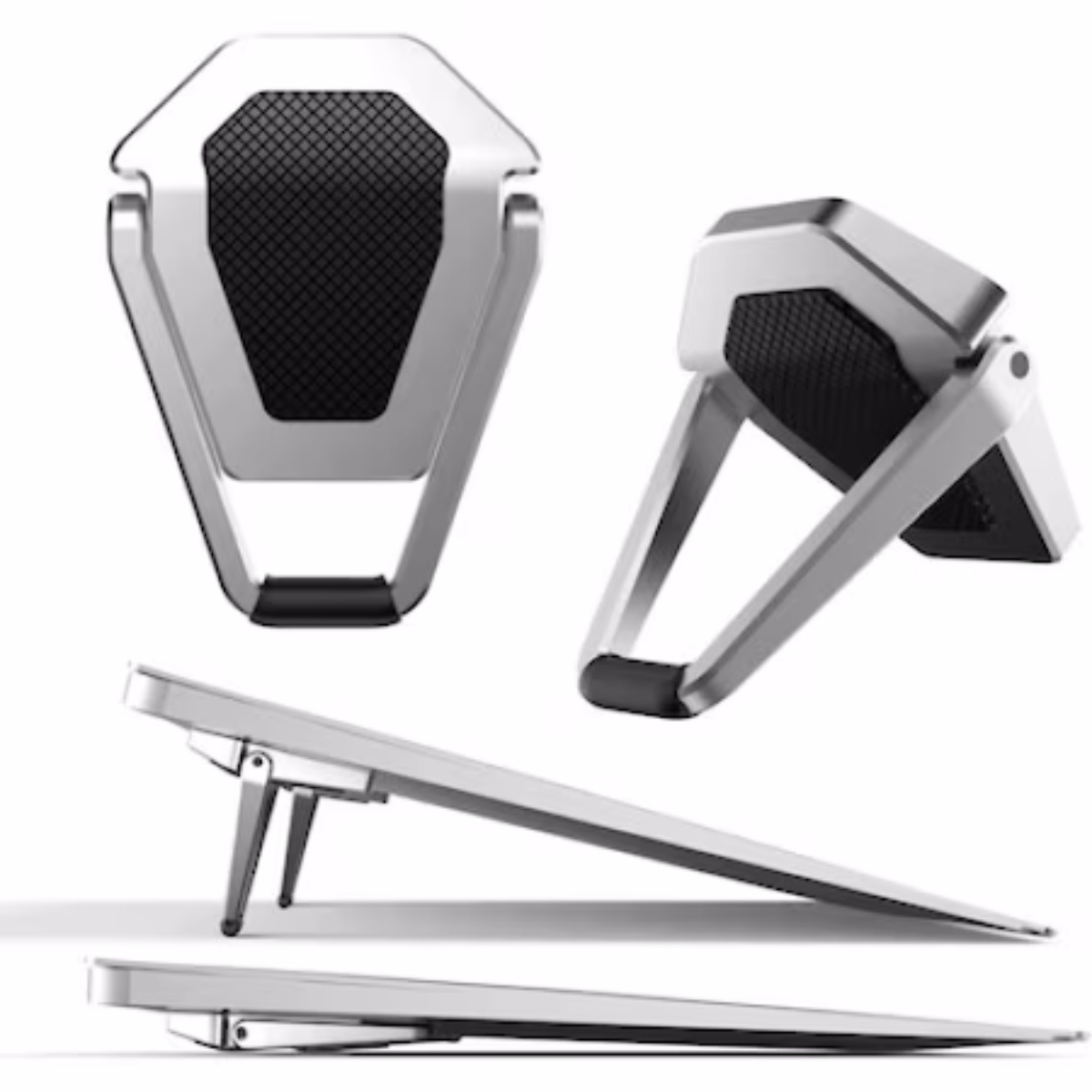 Mehrere Ansichten eines faltbaren Laptopständers, silber mit schwarzem Griff.