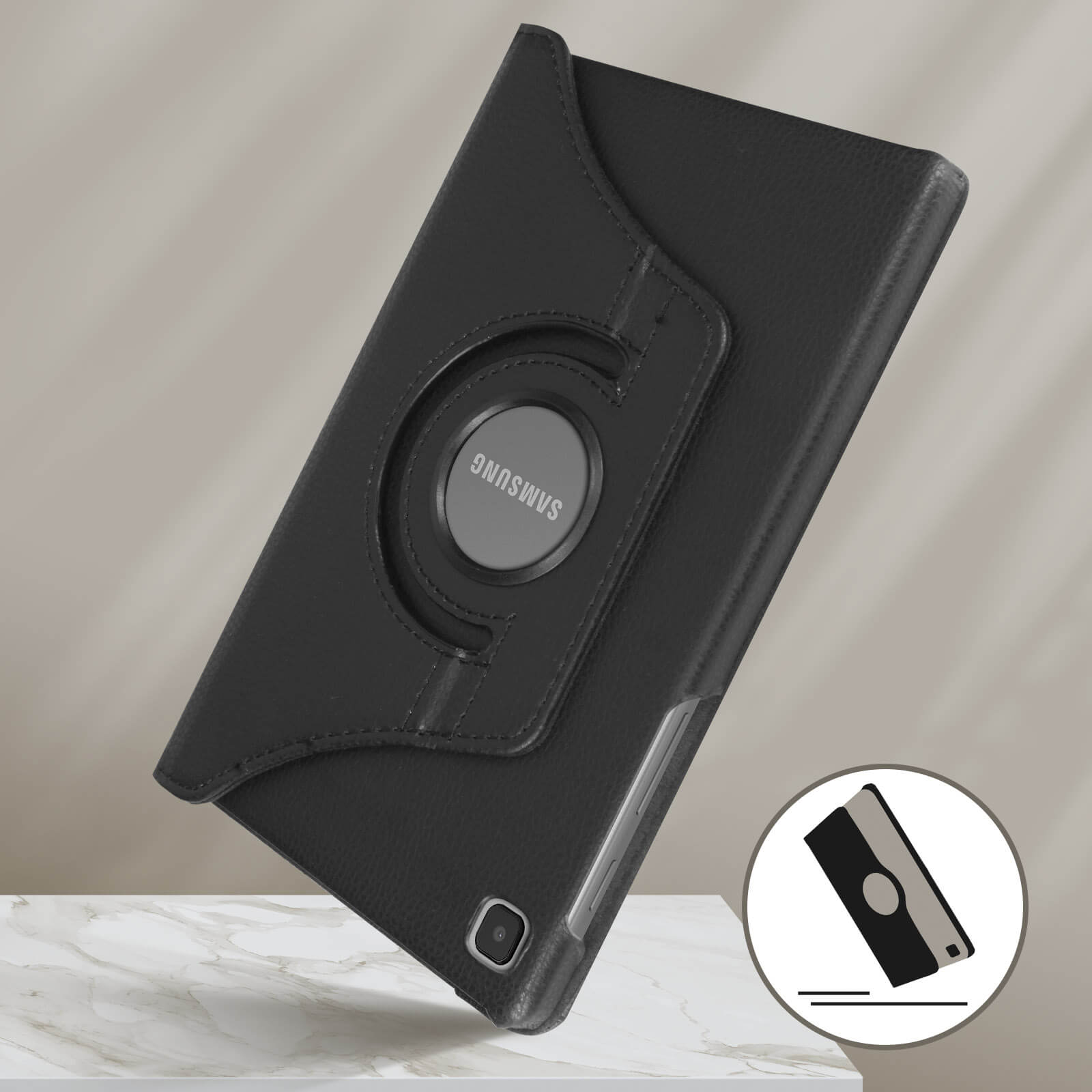 Custodia nera per tablet con anello rotante e logo Samsung.