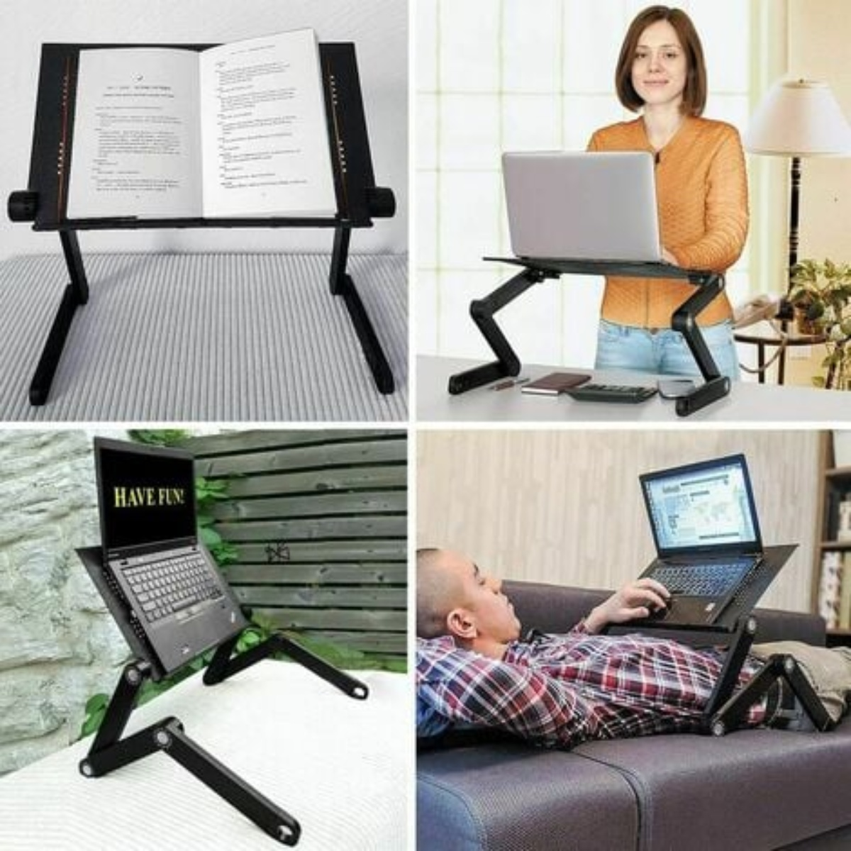 Collage mit Laptopständern in verschiedenen Positionen: Schreibtisch, Bett und Couch.