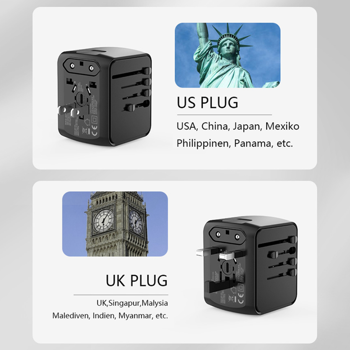 Universal-Reiseadapter mit US- und UK-Steckdosen, Bilder der Freiheitsstatue und Big Ben.